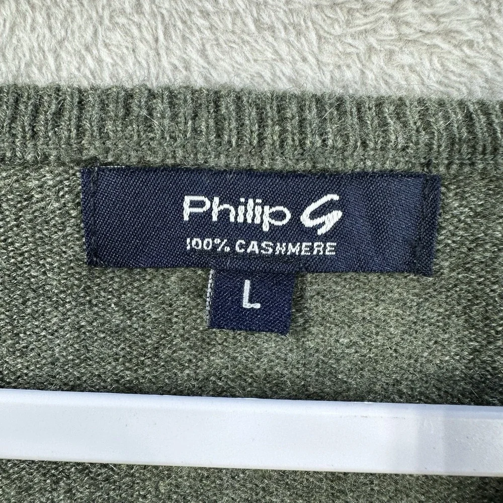 Philip G 100% Cashmere V-Neck‎ Sweater Pullover Green Men's L Old Money Preppy